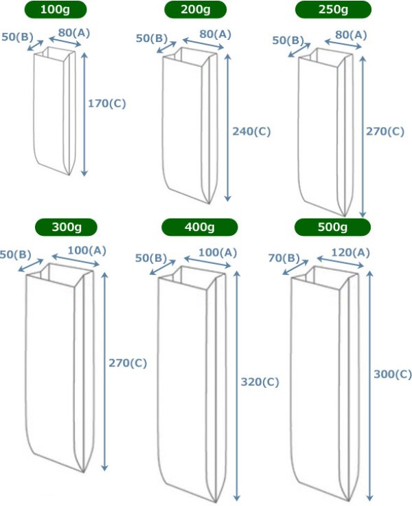 画像5: 送料無料・袋（コーヒー用）アルミガゼット袋 バルブ有/無 100g〜1,000g用 80×50×170mmほか 全34種「100〜1,000枚」