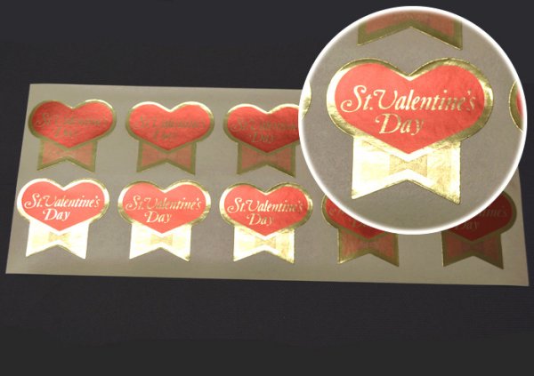 画像2: 送料無料・バレンタインデー向け販促シール「St'Valentine'sDay」金ホイルツヤ　42×38mm「1冊500枚」